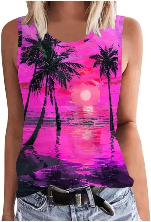 Summer Tank Tops for Women Plus Size Sunset Beach Coconut Palm Print Sleeveless Shirts Hawaiian Casual Vacation Tanks