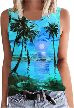 Summer Tank Tops for Women Plus Size Sunset Beach Coconut Palm Print Sleeveless Shirts Hawaiian Casual Vacation Tanks