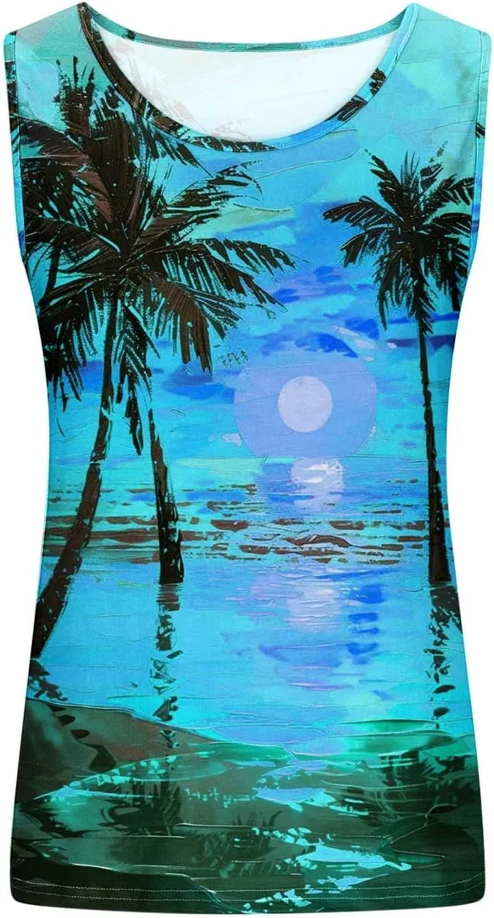 Summer Tank Tops for Women Plus Size Sunset Beach Coconut Palm Print Sleeveless Shirts Hawaiian Casual Vacation Tanks