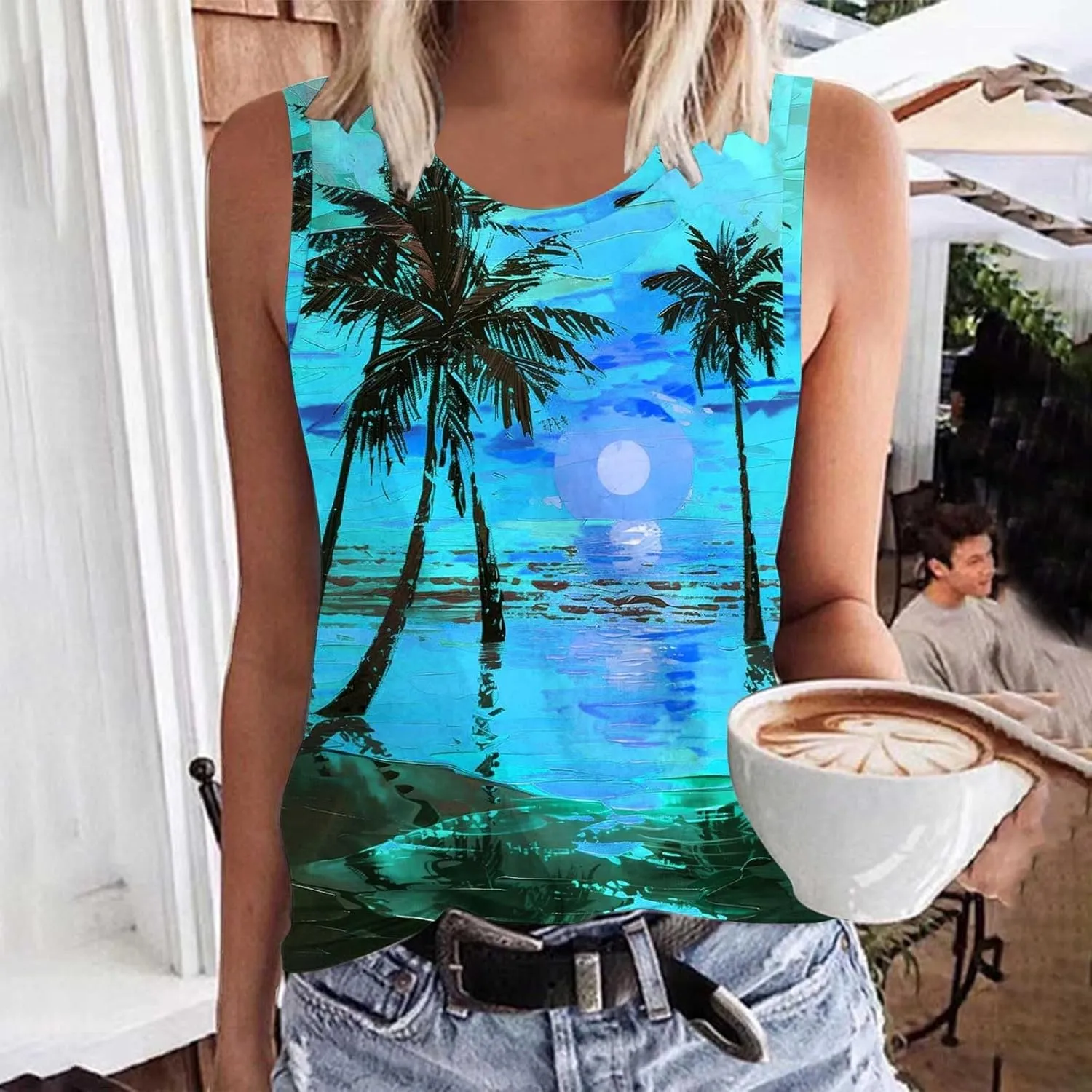 Summer Tank Tops for Women Plus Size Sunset Beach Coconut Palm Print Sleeveless Shirts Hawaiian Casual Vacation Tanks