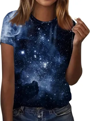 Summer Top for Women 2024 Novelty 3D Galaxy Universe Graphic Tees Short Sleeve Shirts Casual Cotton Tshirt Teen Girls Clothes