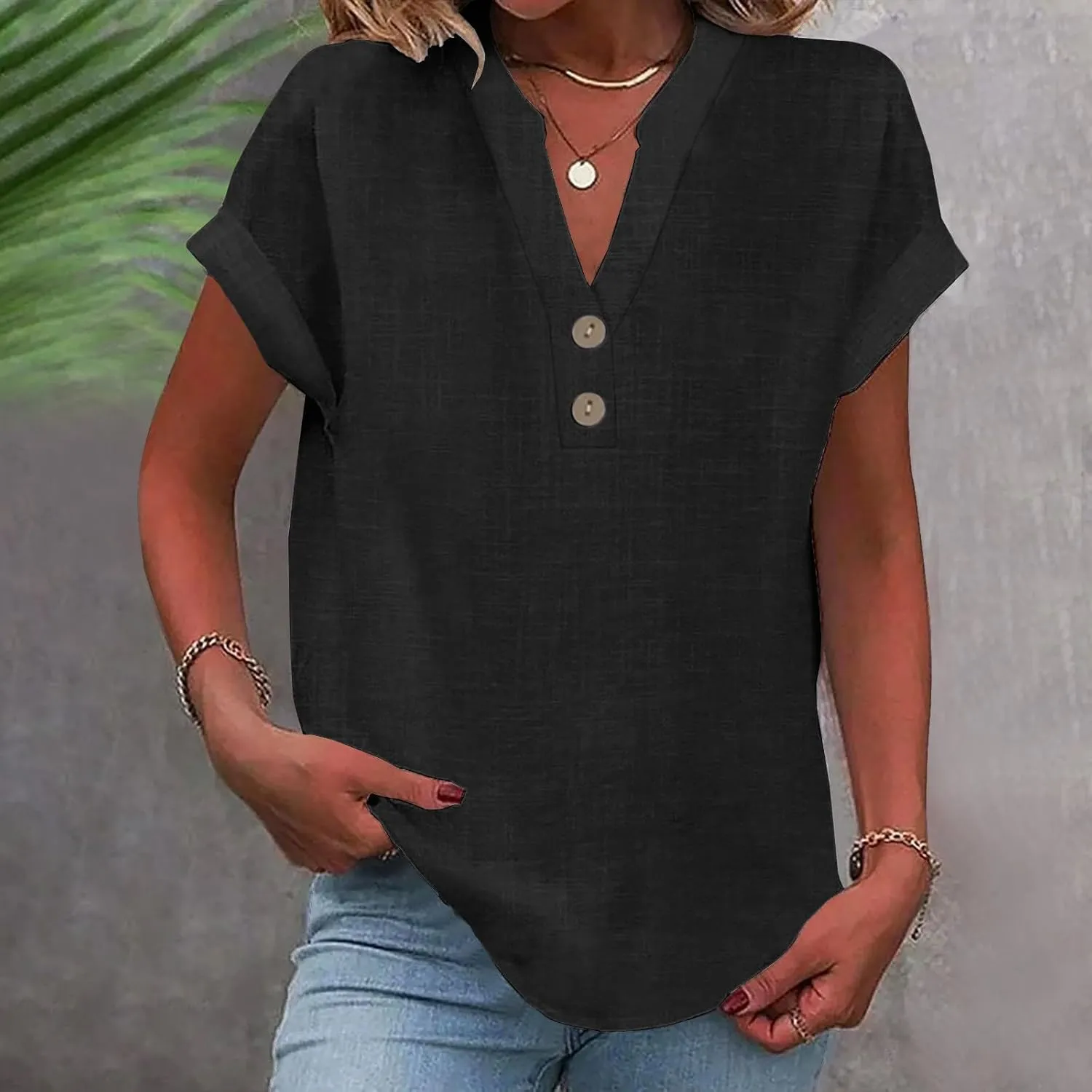 Summer Tops for Women 2025 Casual Short Sleeve Cotton Linen Shirts Button V Neck Tunic Blouse Beach Vacation Clothes