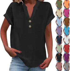 Summer Tops for Women 2025 Casual Short Sleeve Cotton Linen Shirts Button V Neck Tunic Blouse Beach Vacation Clothes
