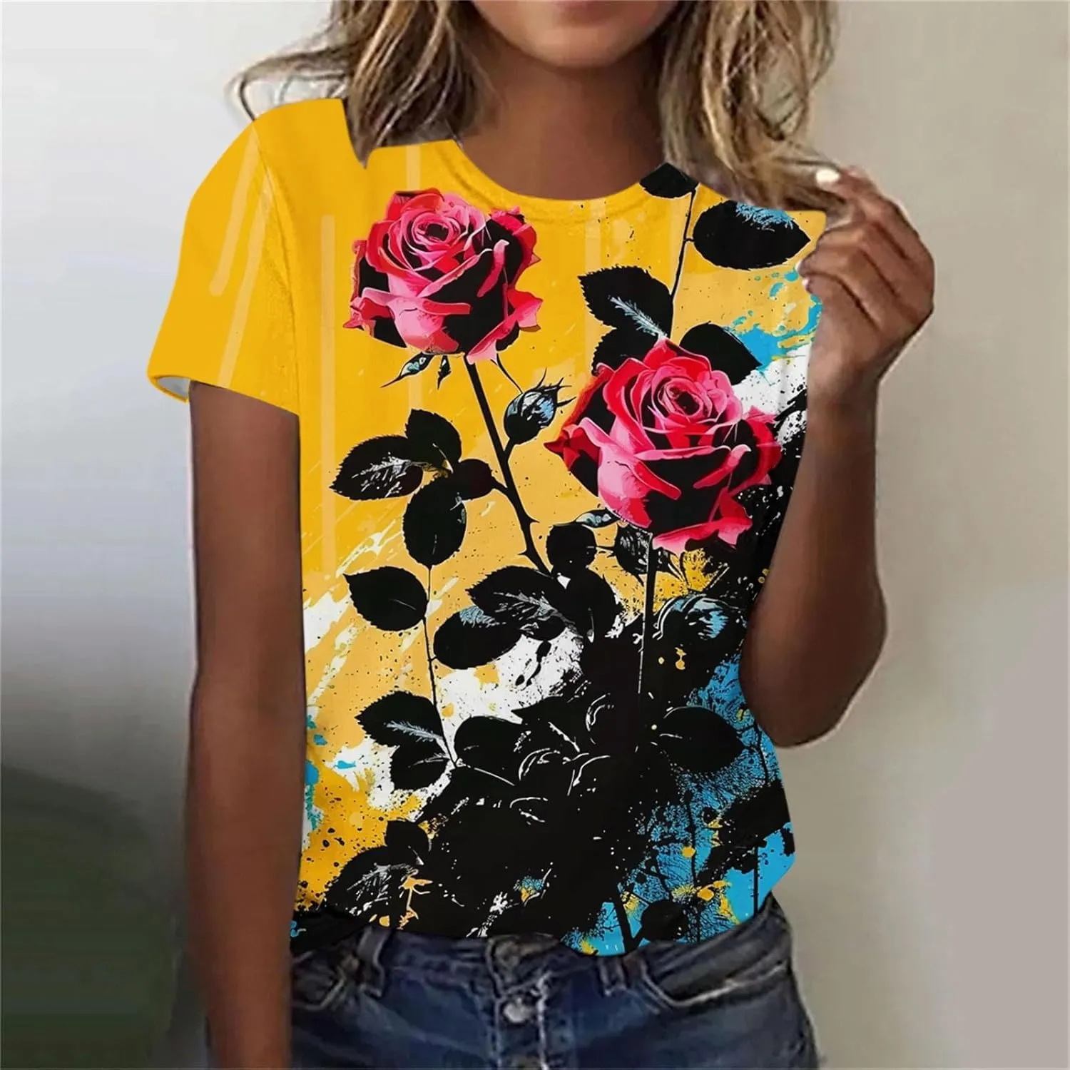 Summer Tops for Women 2025 Trendy Short Sleeve Boho Shirts Retro Floral Graphic Tees Plus Size Casual Crew Neck Tshirt