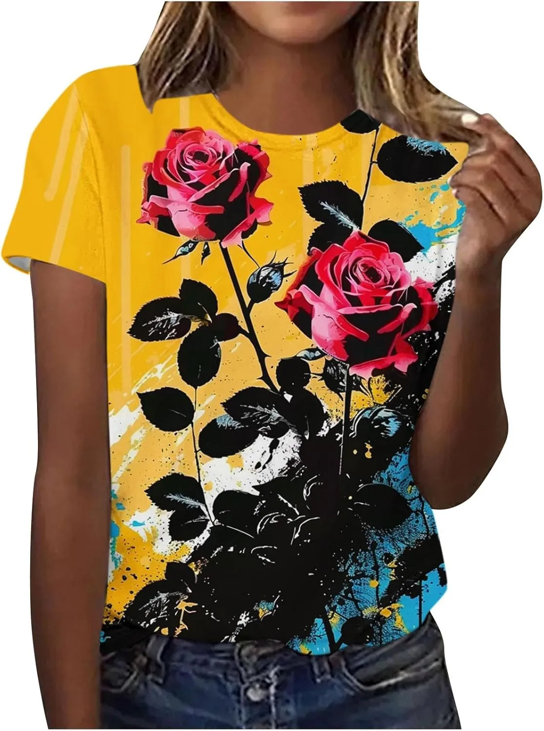 Summer Tops for Women 2025 Trendy Short Sleeve Boho Shirts Retro Floral Graphic Tees Plus Size Casual Crew Neck Tshirt