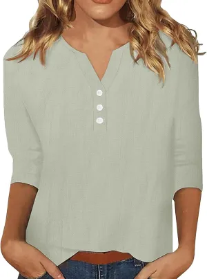 Summer Tops for Women 2025 Trendy Vacation 3/4 Sleeve Henley Shirts Cotton Linen Button V Neck T Shirt Casual Tees
