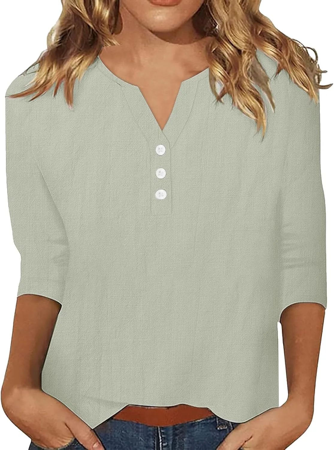 Summer Tops for Women 2025 Trendy Vacation 3/4 Sleeve Henley Shirts Cotton Linen Button V Neck T Shirt Casual Tees