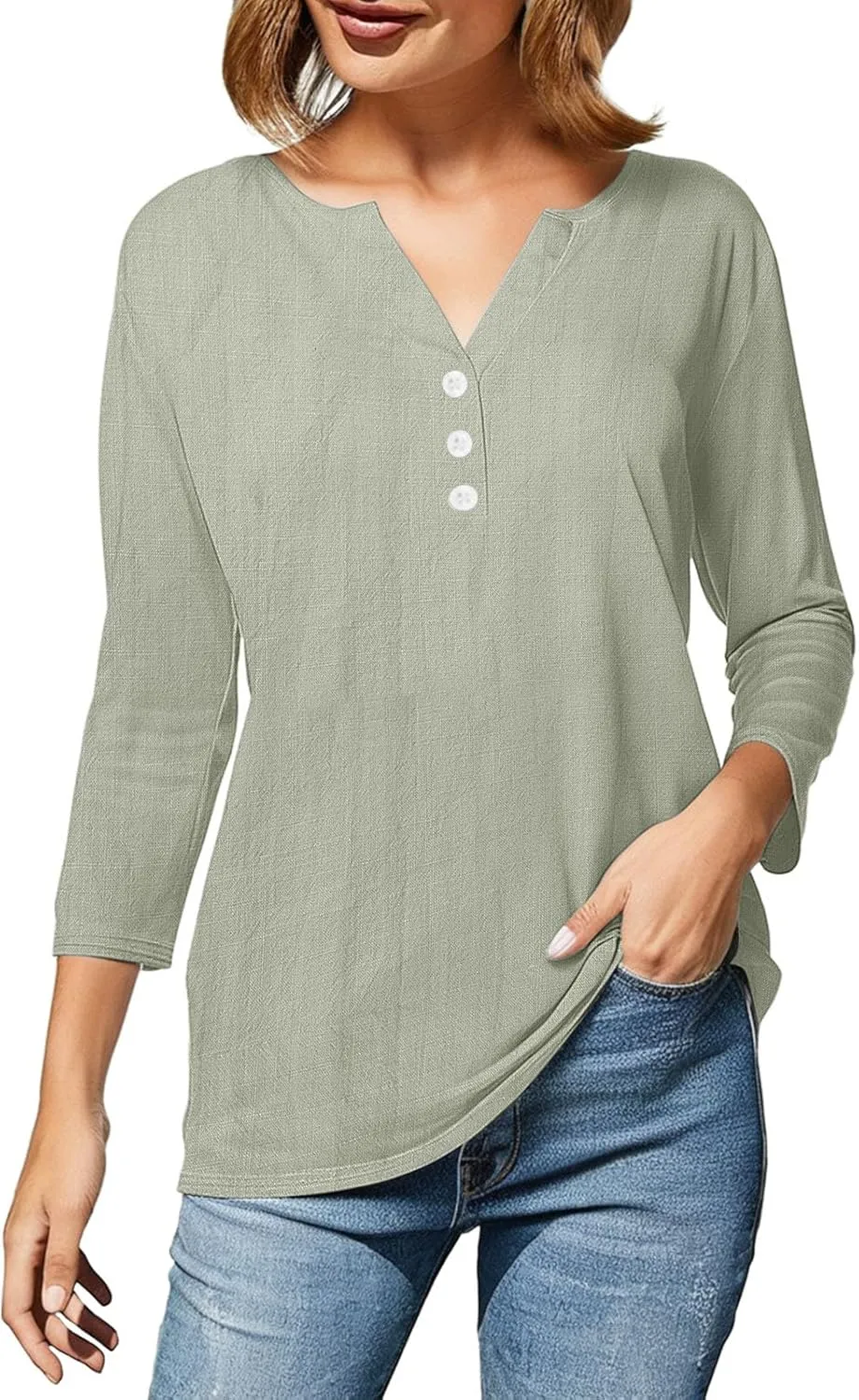 Summer Tops for Women 2025 Trendy Vacation 3/4 Sleeve Henley Shirts Cotton Linen Button V Neck T Shirt Casual Tees