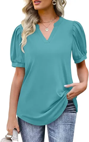 Summer Tops for Women Puff Short Sleeve Tops Dressy Casual V-Neck T-Shirts Cute Blouse for Work