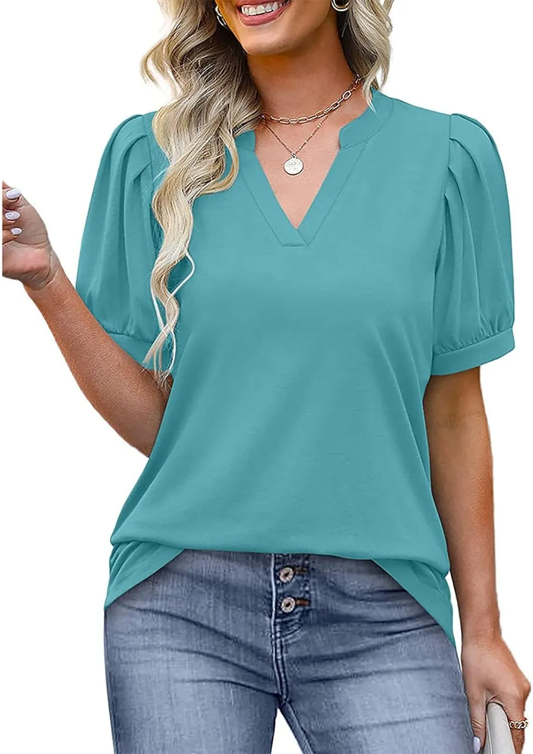 Summer Tops for Women Puff Short Sleeve Tops Dressy Casual V-Neck T-Shirts Cute Blouse for Work