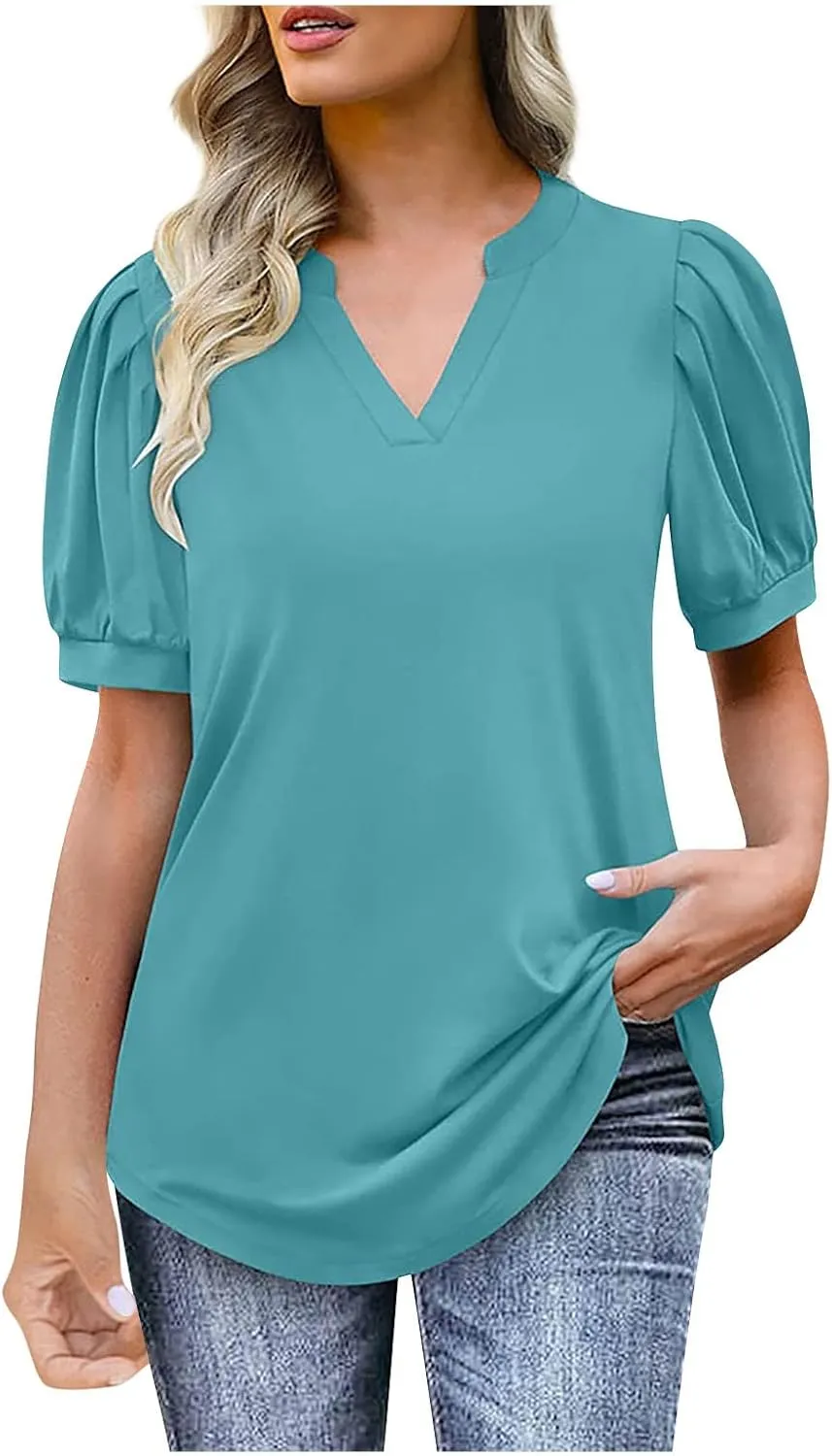 Summer Tops for Women Puff Short Sleeve Tops Dressy Casual V-Neck T-Shirts Cute Blouse for Work