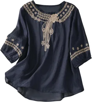 Summer Women Cotton Linen T-Shirt Tops Fashion Half Sleeve Floral Embroidered Shirts Casual Loose Boho Blouses Babydoll