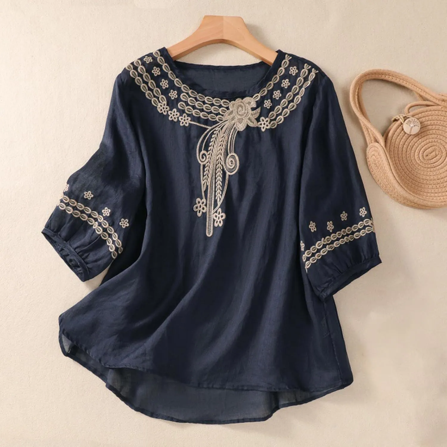 Summer Women Cotton Linen T-Shirt Tops Fashion Half Sleeve Floral Embroidered Shirts Casual Loose Boho Blouses Babydoll