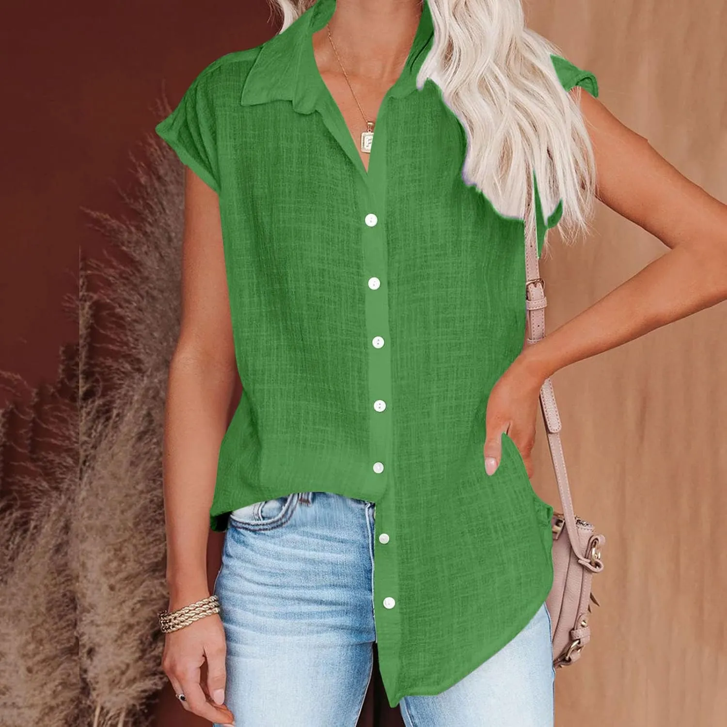 Summer Womens Button Down Cotton Linen Shirts V Neck Cap Sleeve Tank Blouses Loose Collared Shirt Casual Work Tops