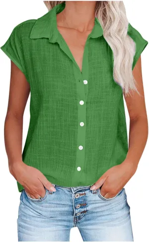 Summer Womens Button Down Cotton Linen Shirts V Neck Cap Sleeve Tank Blouses Loose Collared Shirt Casual Work Tops