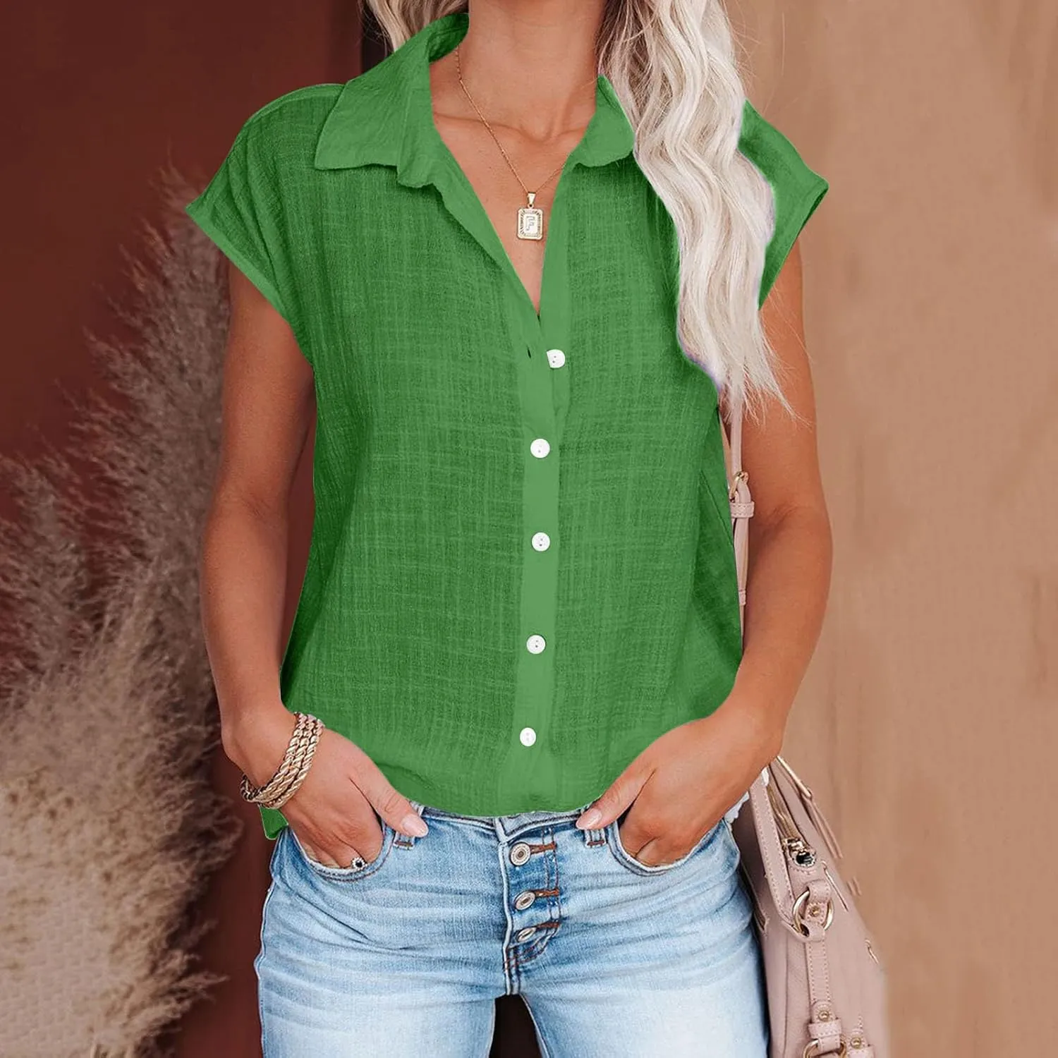 Summer Womens Button Down Cotton Linen Shirts V Neck Cap Sleeve Tank Blouses Loose Collared Shirt Casual Work Tops