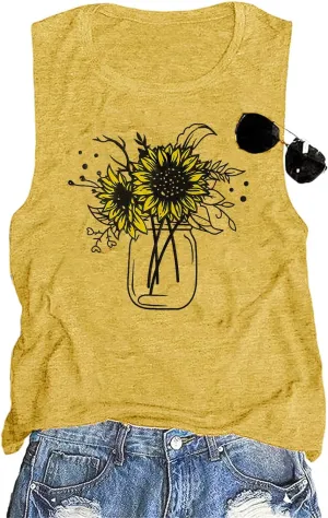Sunflower Tank Top for Women Sleeveless Summer Tops Cute Flower Graphic Tops