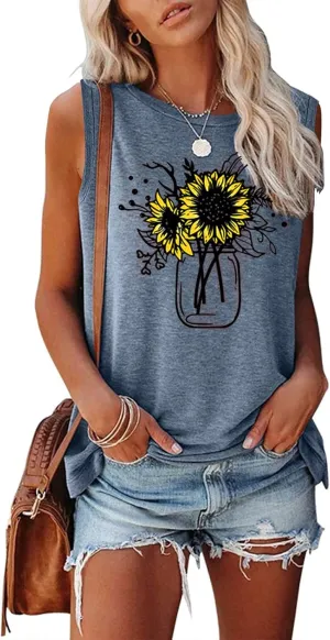 Sunflower Tank Top for Women Sleeveless Summer Tops Cute Flower Graphic Tops