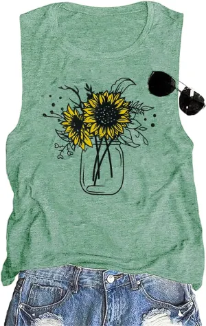 Sunflower Tank Top for Women Sleeveless Summer Tops Cute Flower Graphic Tops