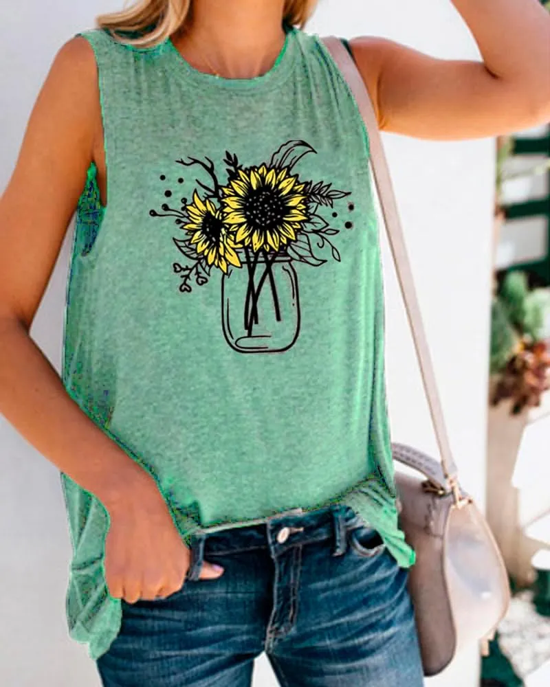 Sunflower Tank Top for Women Sleeveless Summer Tops Cute Flower Graphic Tops