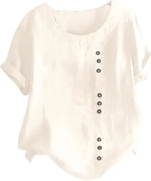TANGNADE Women Cotton Linen Blend Crew Neck Short Sleeve Basic Tunic Tee Shirts Tops Blouse Business Casual Clothing