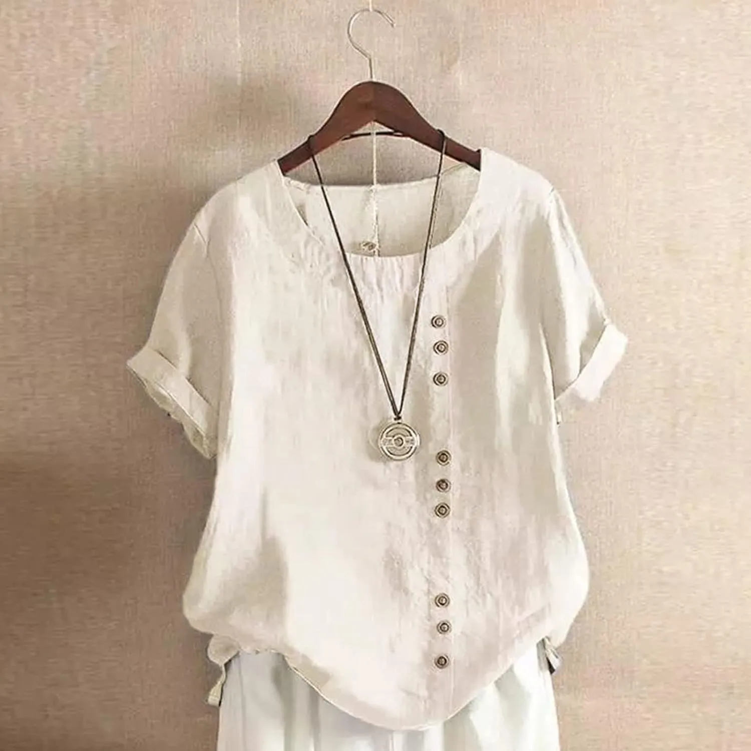 TANGNADE Women Cotton Linen Blend Crew Neck Short Sleeve Basic Tunic Tee Shirts Tops Blouse Business Casual Clothing