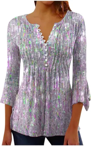 TANGNADE Women's 3/4 Sleeve Tunic Tops Pleated V Neck Blouses Dressy Casual Loose Spring and Summer T-Shirts