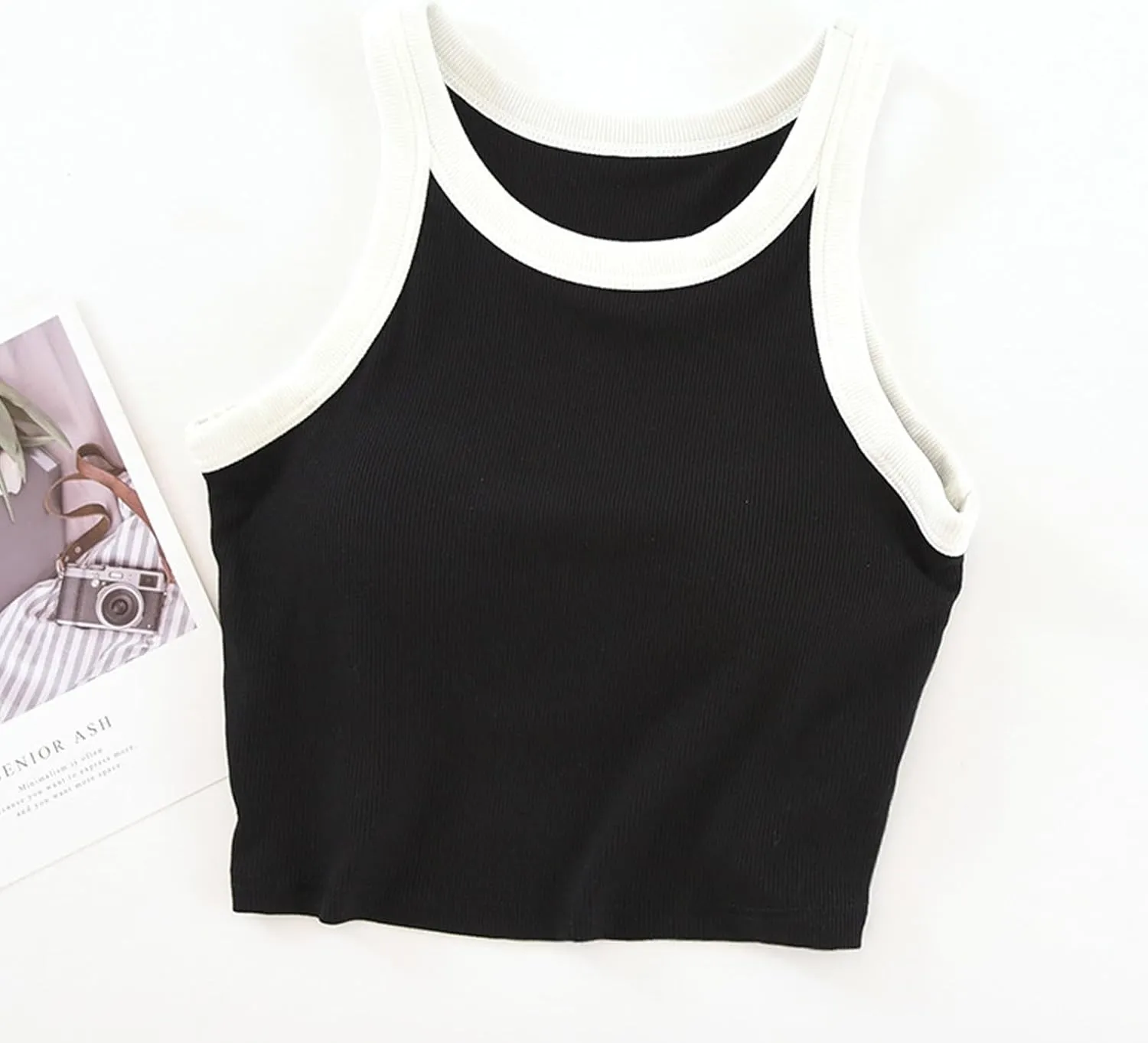 Tank Top for Women with Built-in Padded Bra Contrast Color Camisole Knit Cami Shirts Sports Yoga Crop Tops Gym Vest