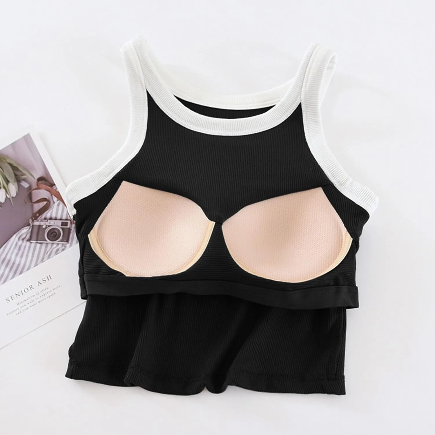 Tank Top for Women with Built-in Padded Bra Contrast Color Camisole Knit Cami Shirts Sports Yoga Crop Tops Gym Vest