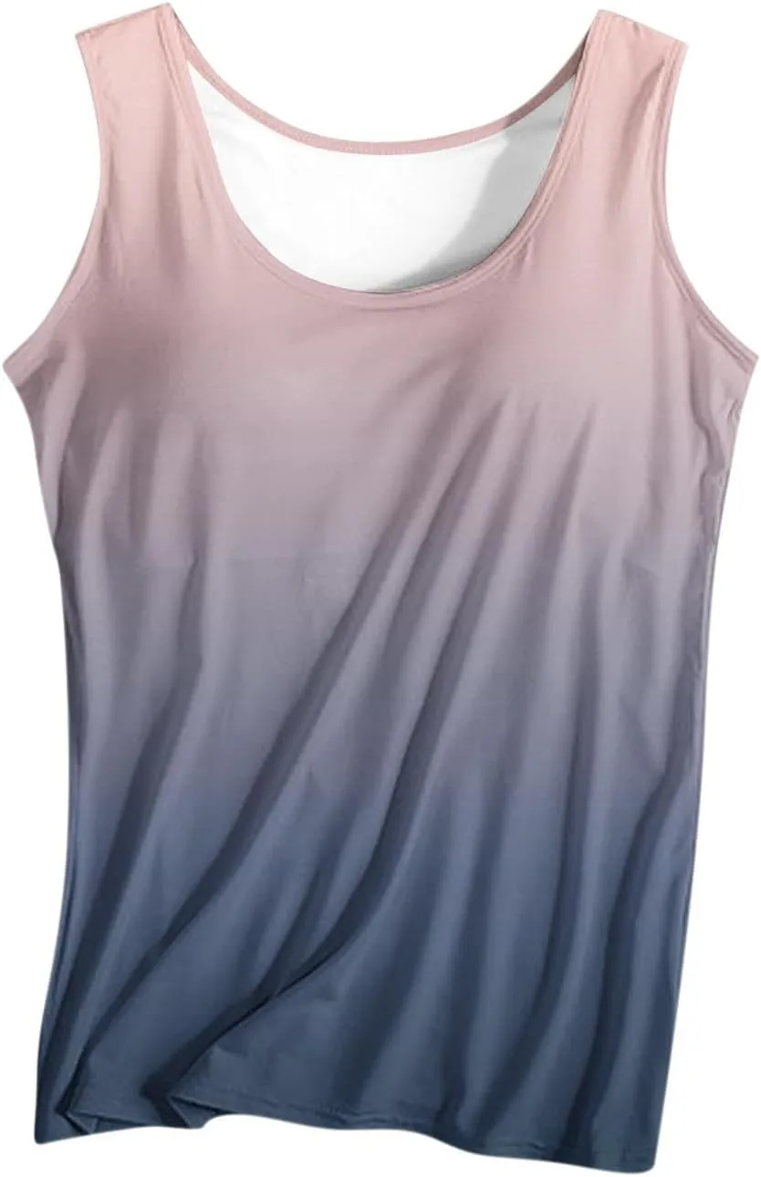 Tank Top with Built in Bra for Women 2025 Summer Gradient Sleeveless Shirts Casual Comfy Basic Camisole Undershirts