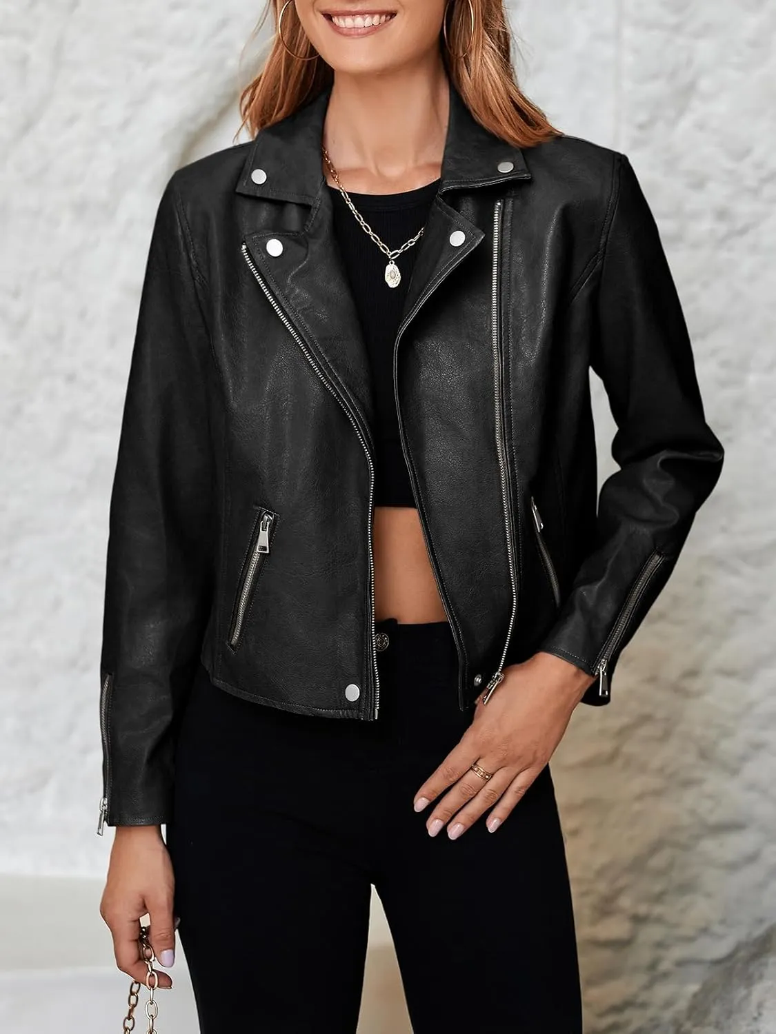 Tankaneo Womens Faux Leather Jackets Cropped Bomber Trendy Zip Up Motorcycle Biker Coat