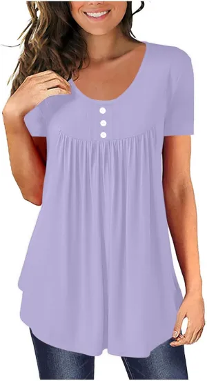 Tunic Tops for Women Casual Loose Fit Shirts Dressy Round Neck Buttons Up T-Shirts Scoop Neck Tees Summer Blouses Tee