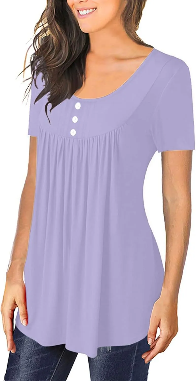 Tunic Tops for Women Casual Loose Fit Shirts Dressy Round Neck Buttons Up T-Shirts Scoop Neck Tees Summer Blouses Tee