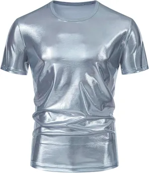 Uillui Mens Metallic T-Shirts 70s Gold/Sliver Shiny Shirts Disco Outfits Holographic Short Sleeve Party Clubwear Shirts