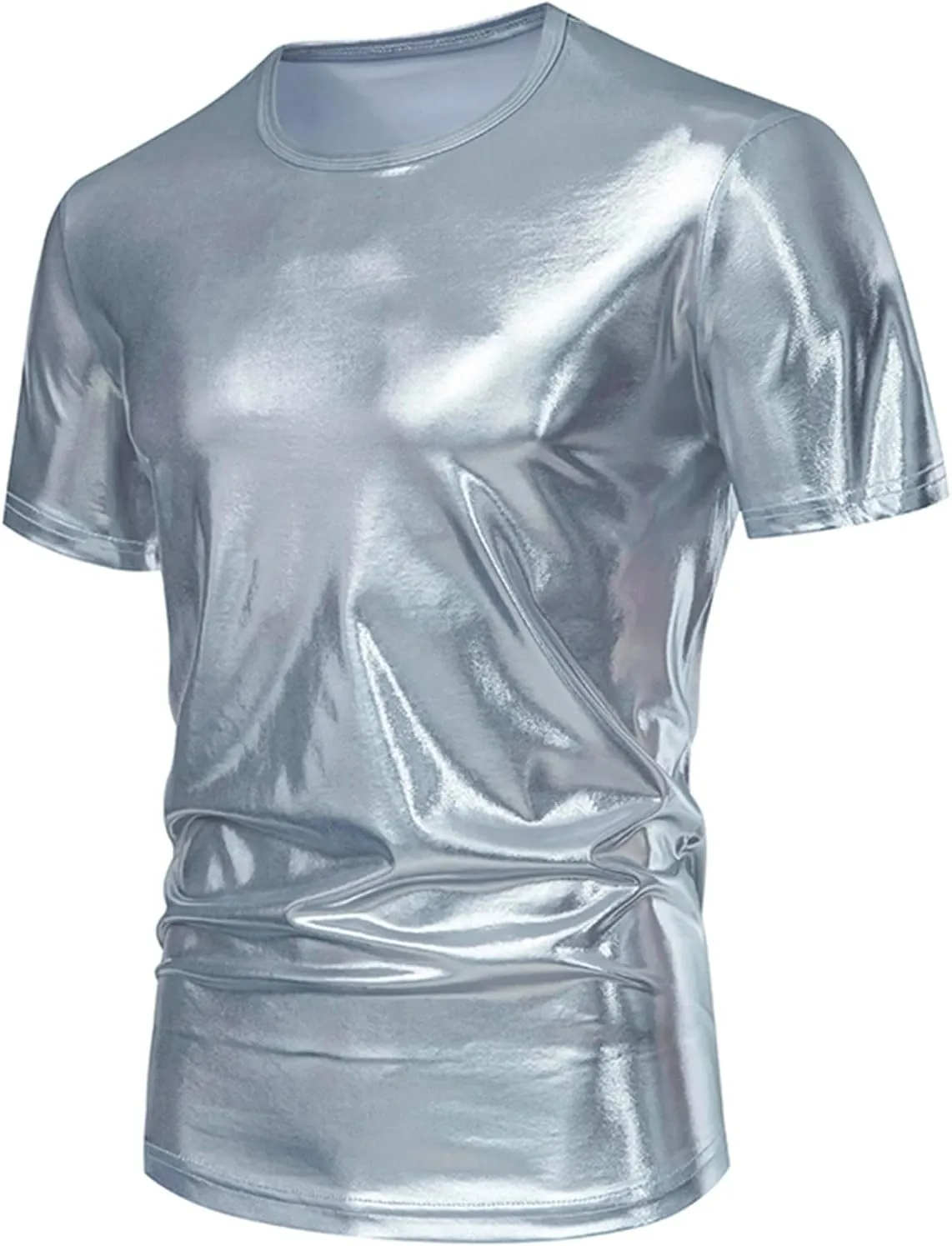 Uillui Mens Metallic T-Shirts 70s Gold/Sliver Shiny Shirts Disco Outfits Holographic Short Sleeve Party Clubwear Shirts