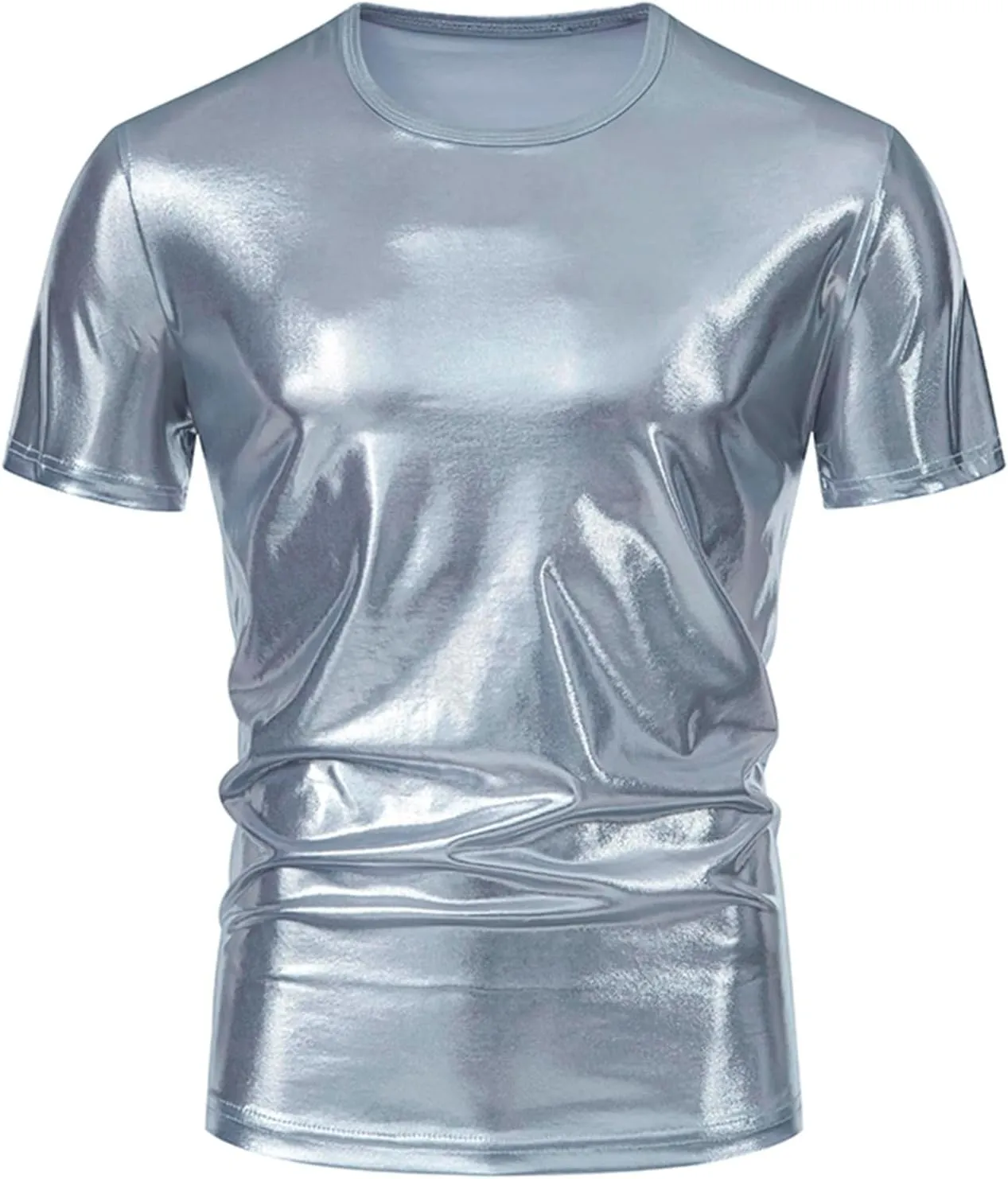 Uillui Mens Metallic T-Shirts 70s Gold/Sliver Shiny Shirts Disco Outfits Holographic Short Sleeve Party Clubwear Shirts