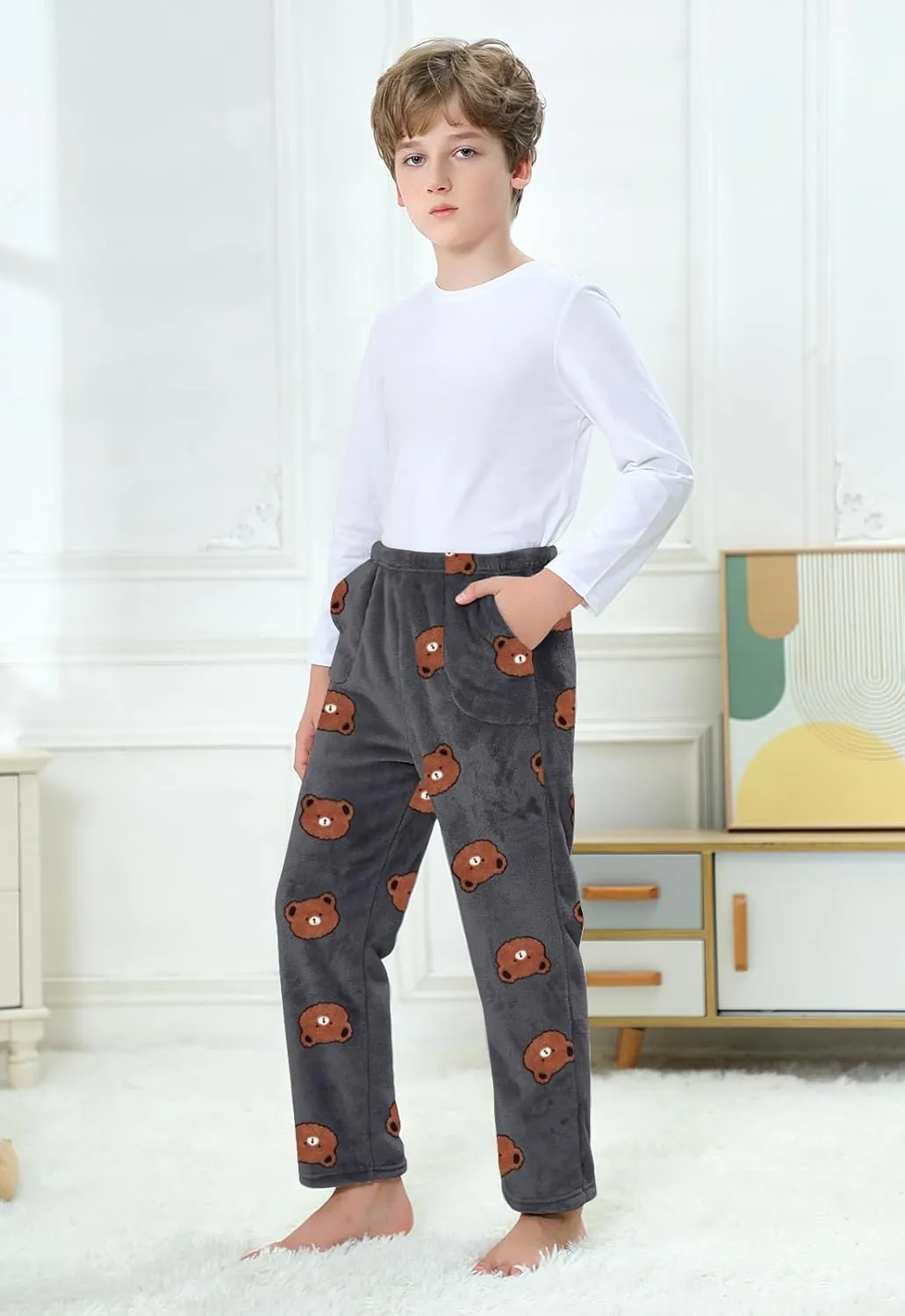 Umeyda Boys Pajama Pants with Pockets Fuzzy Flannel Sleepwear Pajama Bottoms