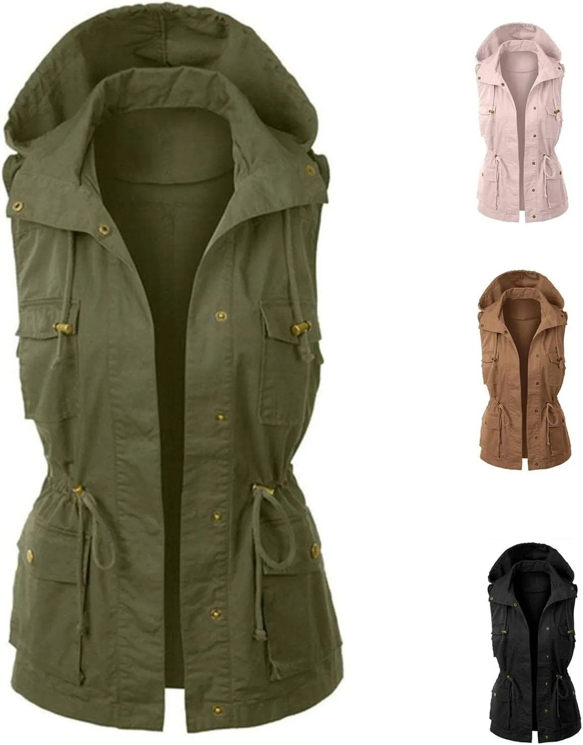 Utility Vest for Women Sleeveless High Neck Button Up Plain Shacket Jacket Hooded Coat Loose Fit Drawstring Winter Trendy