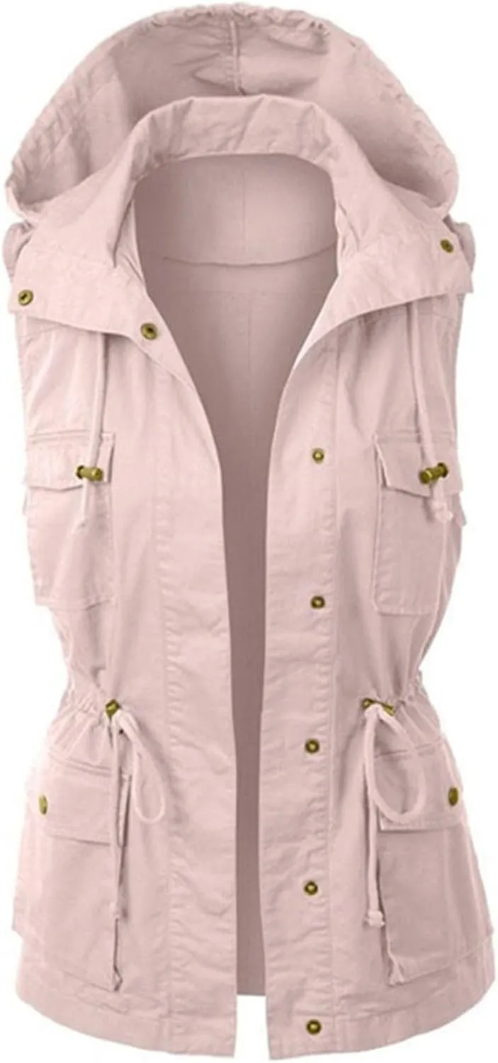 Utility Vest for Women Sleeveless High Neck Button Up Plain Shacket Jacket Hooded Coat Loose Fit Drawstring Winter Trendy