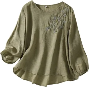 Vintage Embroidered Cotton Linen T Shirt for Women Casual Loose Fit Top Plus Size Symmetrical Fashion Blouse, Small