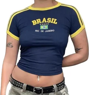 Vintage Graphic Baby Tees for Women Brazil Shirt Y2k Tops Baby Crop Tees 90s Summer Going Out Tops Streetwear Shirts