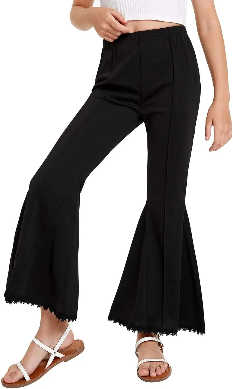 WDIRARA Girl's High Waisted Stretch Bell Bottoms Ruffle Flare Pants