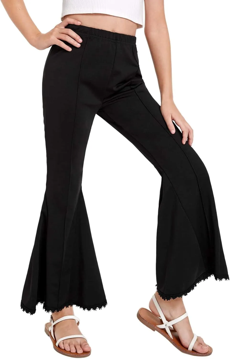 WDIRARA Girl's High Waisted Stretch Bell Bottoms Ruffle Flare Pants