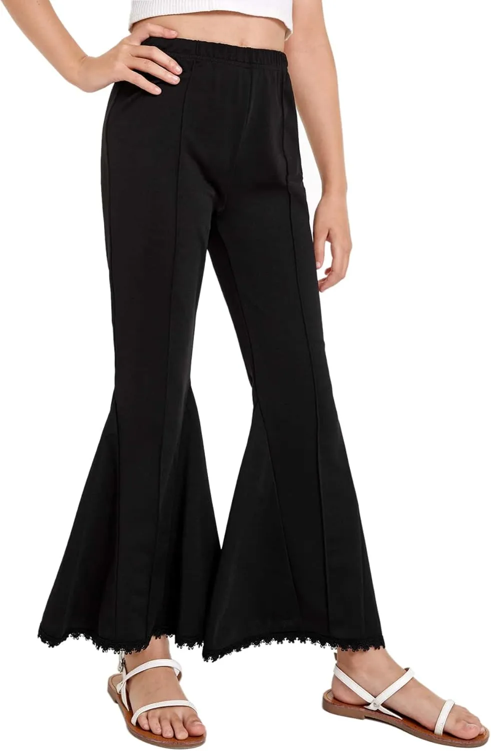 WDIRARA Girl's High Waisted Stretch Bell Bottoms Ruffle Flare Pants