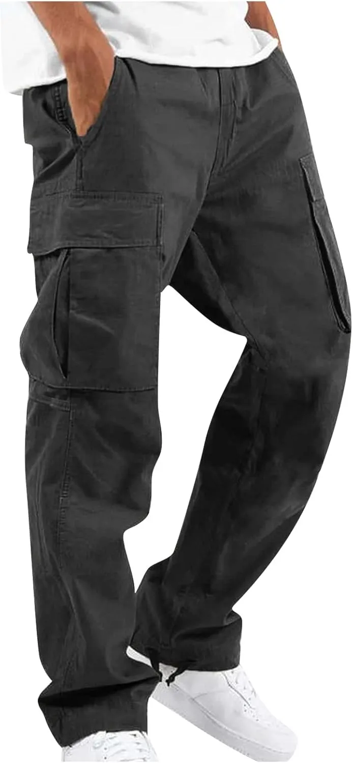 WENKOMG1 Casual Cargo Pants for Men Solid Camo Casual Hiking Pants Workout Joggers Drawstring Multi Pocket Sweatpants