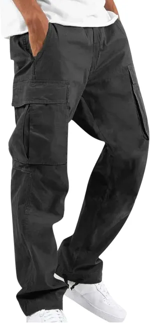 WENKOMG1 Casual Cargo Pants for Men Solid Camo Casual Hiking Pants Workout Joggers Drawstring Multi Pocket Sweatpants
