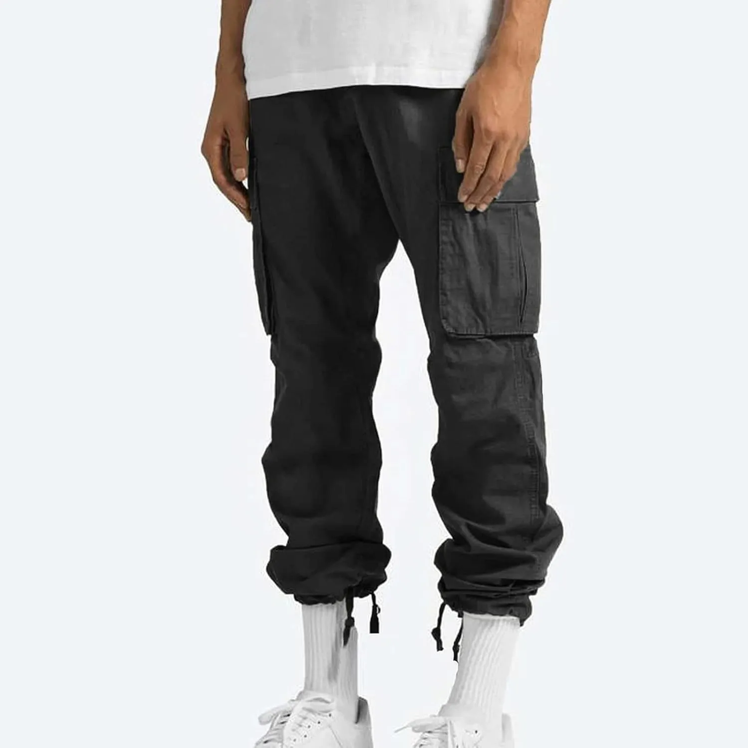 WENKOMG1 Casual Cargo Pants for Men Solid Camo Casual Hiking Pants Workout Joggers Drawstring Multi Pocket Sweatpants