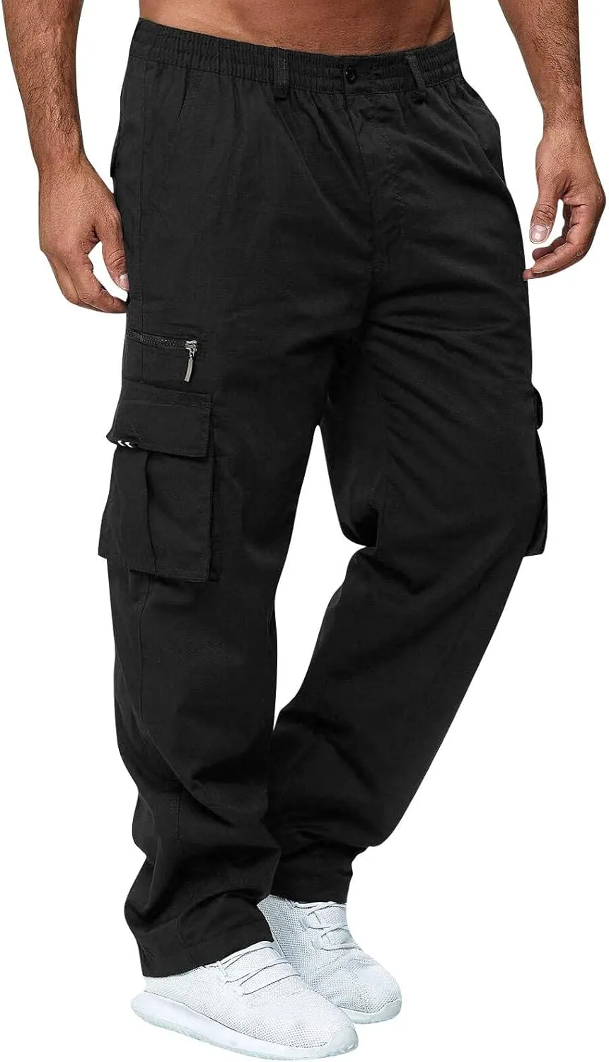 WENKOMG1 Mens Casual Cargo Pants Lightweight Multi Pockets Tactical Pants Straight Leg Breathable Summer Workwear
