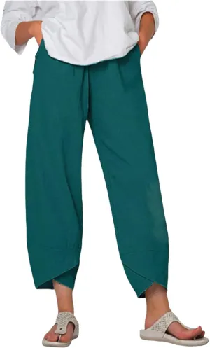 Wide Leg Pants Capri Cropped Casual Pants Summer Trendy Beach Pants with Pockets Plaid Patchwork Pants