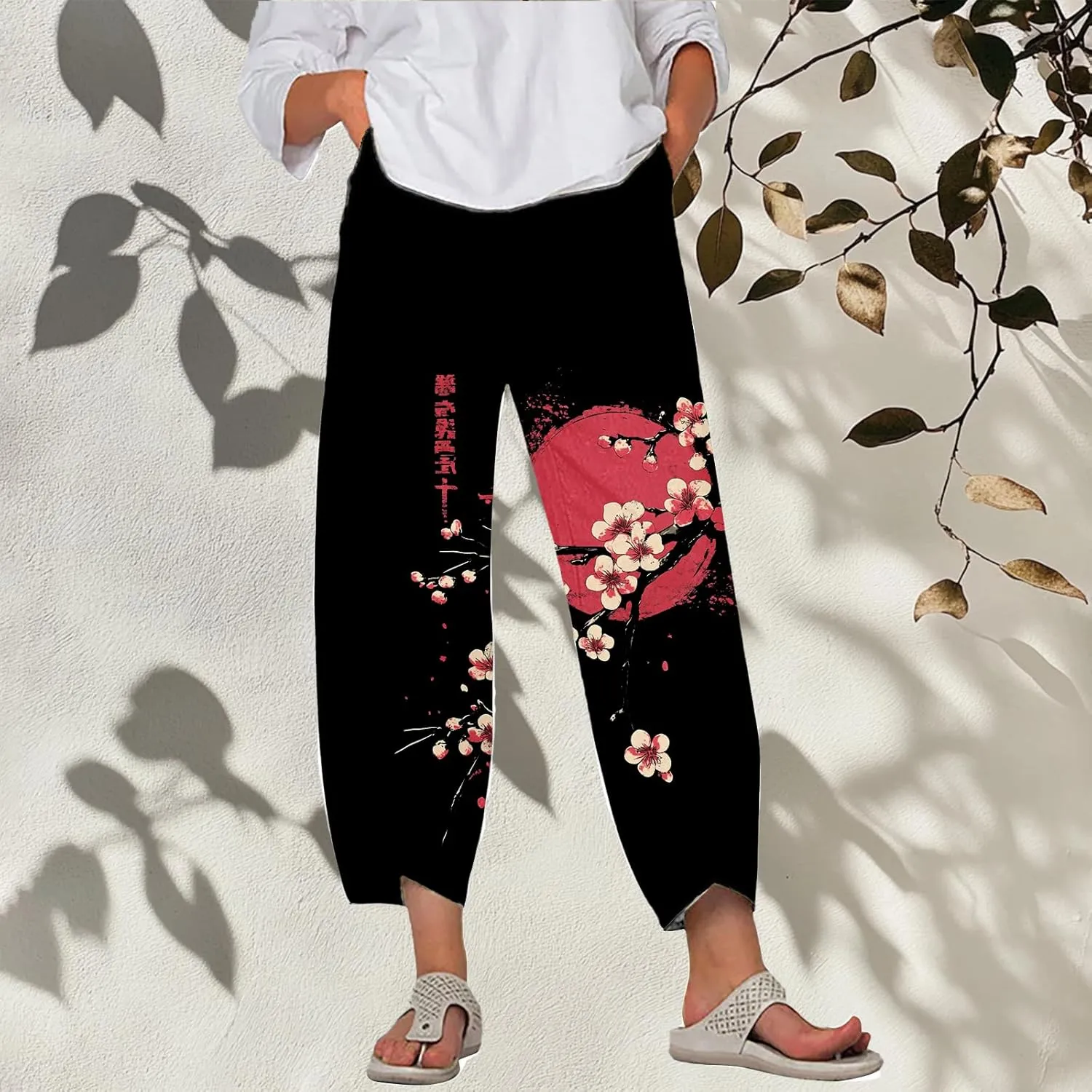 Wide Leg Pants Capri Cropped Casual Pants Summer Trendy Beach Pants with Pockets Plaid Patchwork Pants